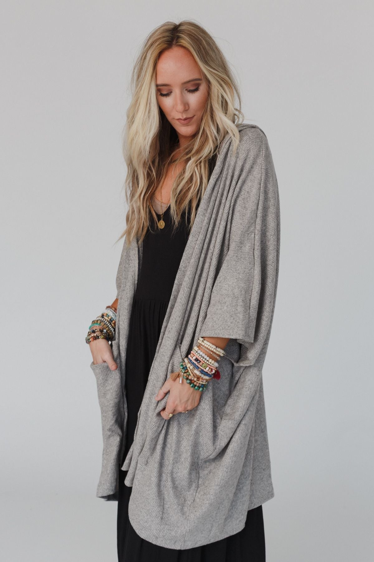 The Nest Boho Essential Hooded Ribbed Sweater - Oatmeal
