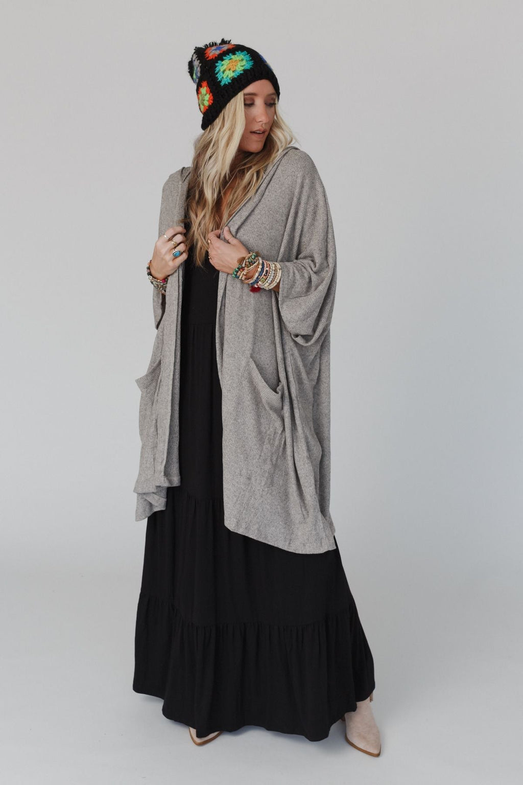 The Nest Boho Essential Hooded Ribbed Sweater - Oatmeal
