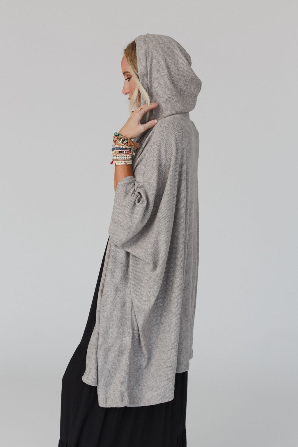 The Nest Boho Essential Hooded Ribbed Sweater - Oatmeal