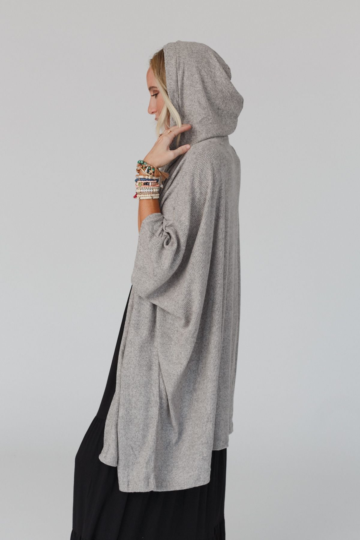 The Nest Boho Essential Hooded Ribbed Sweater - Oatmeal