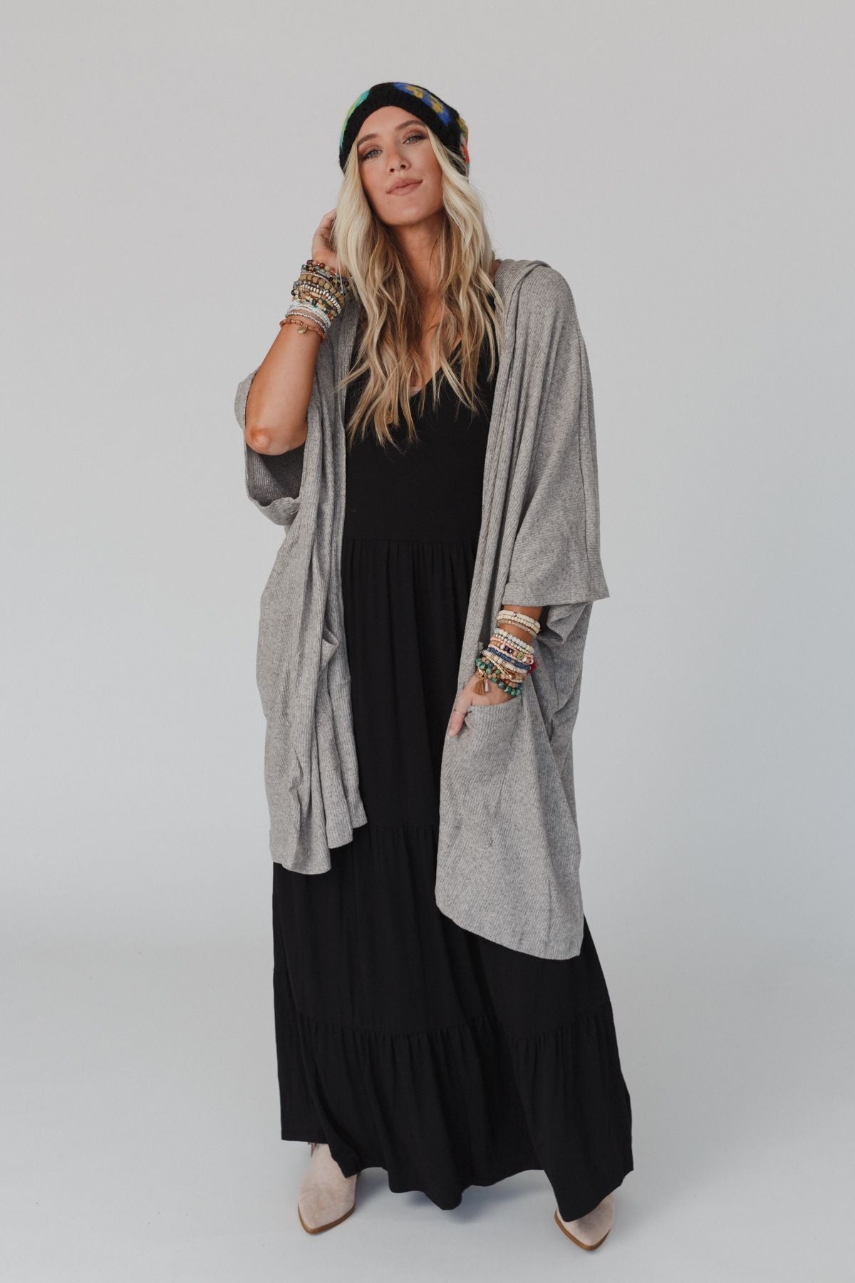 The Nest Boho Essential Hooded Ribbed Sweater - Oatmeal