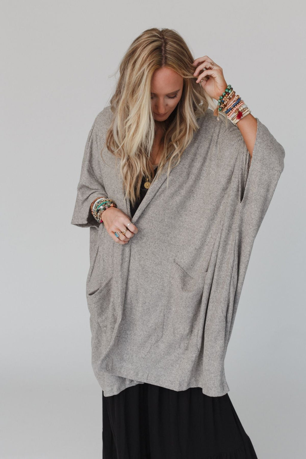 The Nest Boho Essential Hooded Ribbed Sweater - Oatmeal