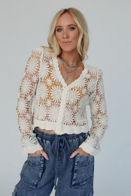 Ipanema Flower Crochet Cardigan - Natural