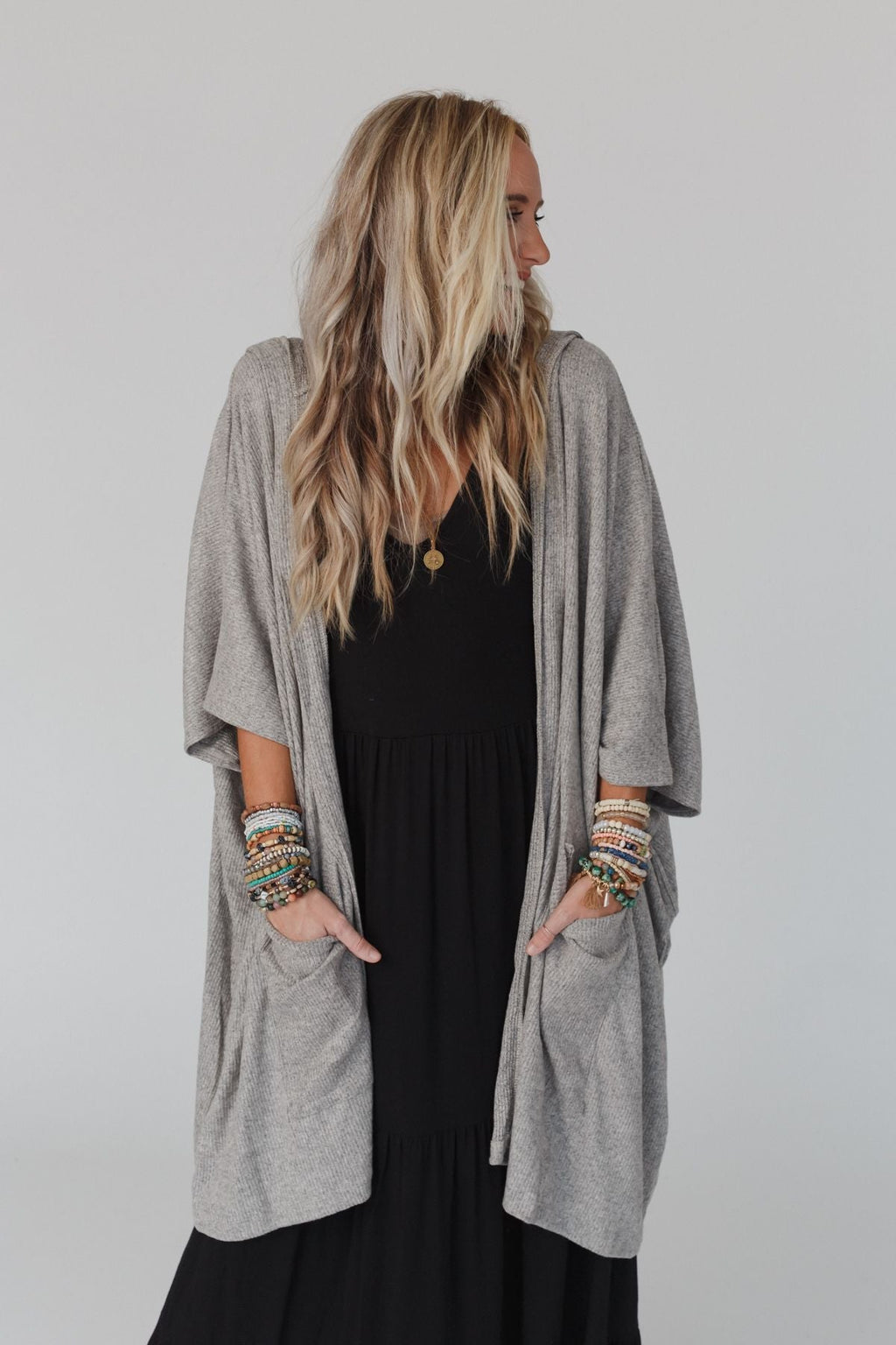 The Nest Boho Essential Hooded Ribbed Sweater - Oatmeal