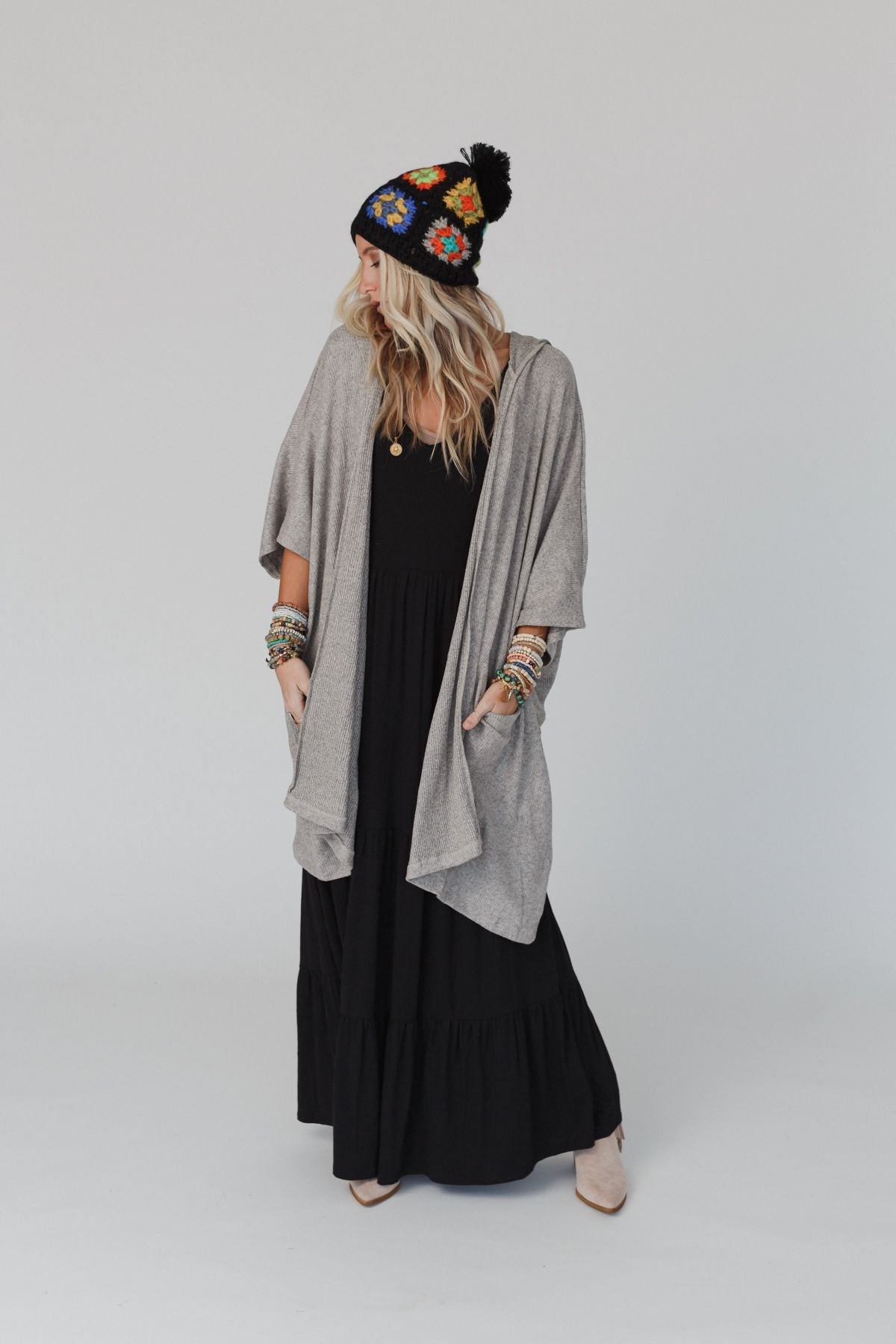 The Nest Boho Essential Hooded Ribbed Sweater - Oatmeal